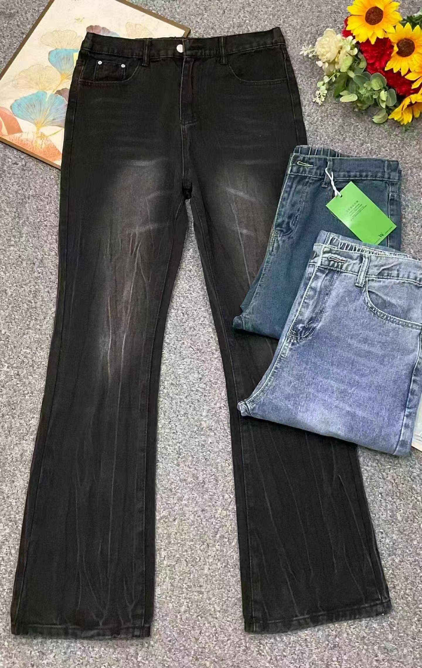 Spring Autumn Men's Washed Cotton Lightning Pattern Flared Jeans 2417 Pieces - Image 3