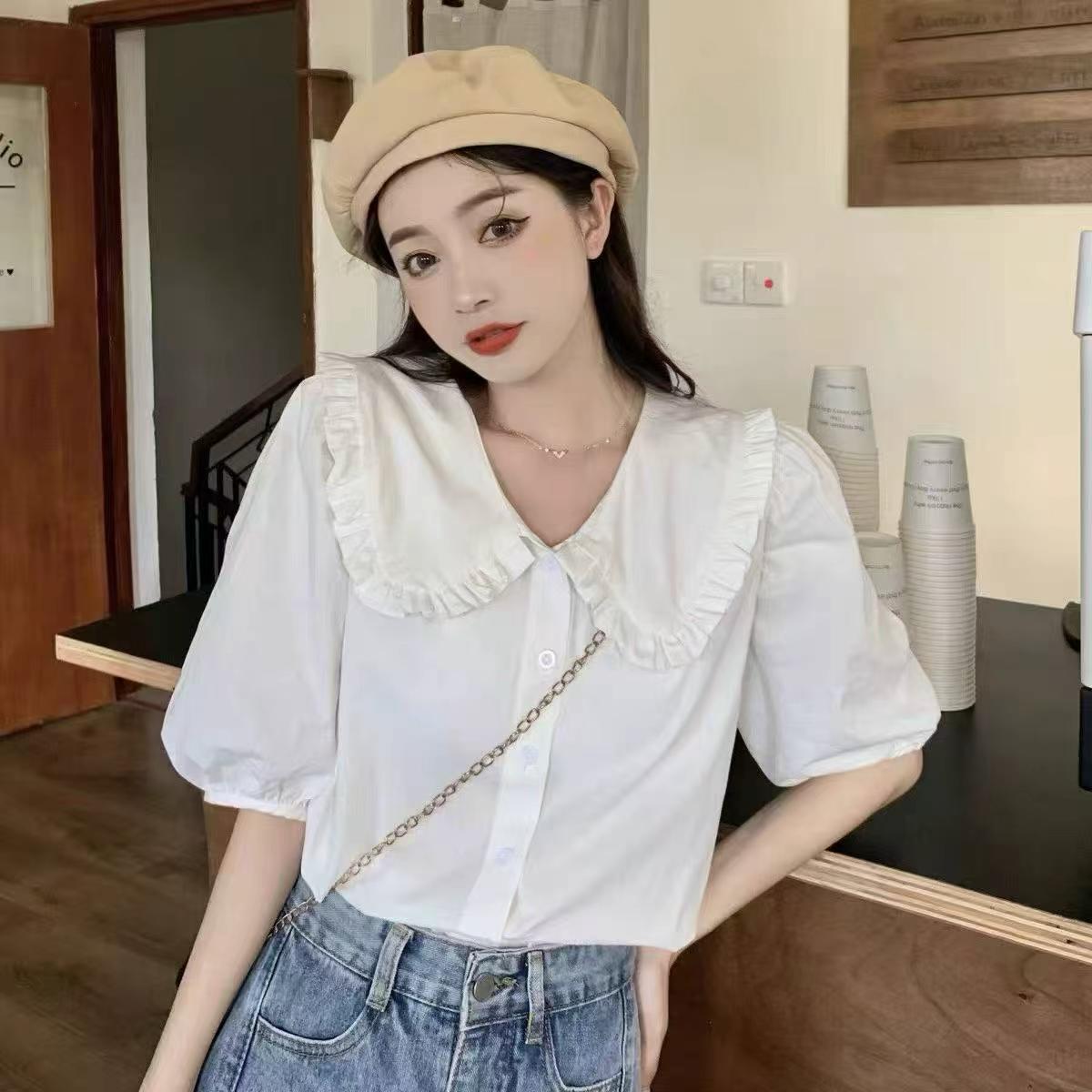 New French Style White Doll Collar Short Sleeve Women Blouse, About 240pcs, Size S-XL - Image 2