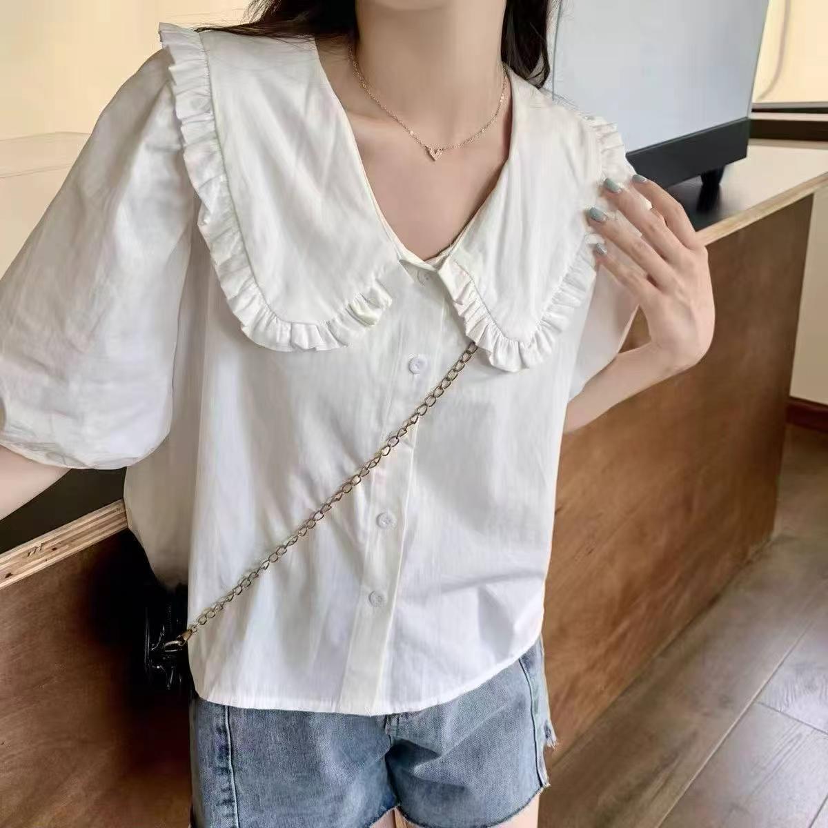 New French Style White Doll Collar Short Sleeve Women Blouse, About 240pcs, Size S-XL - Image 3