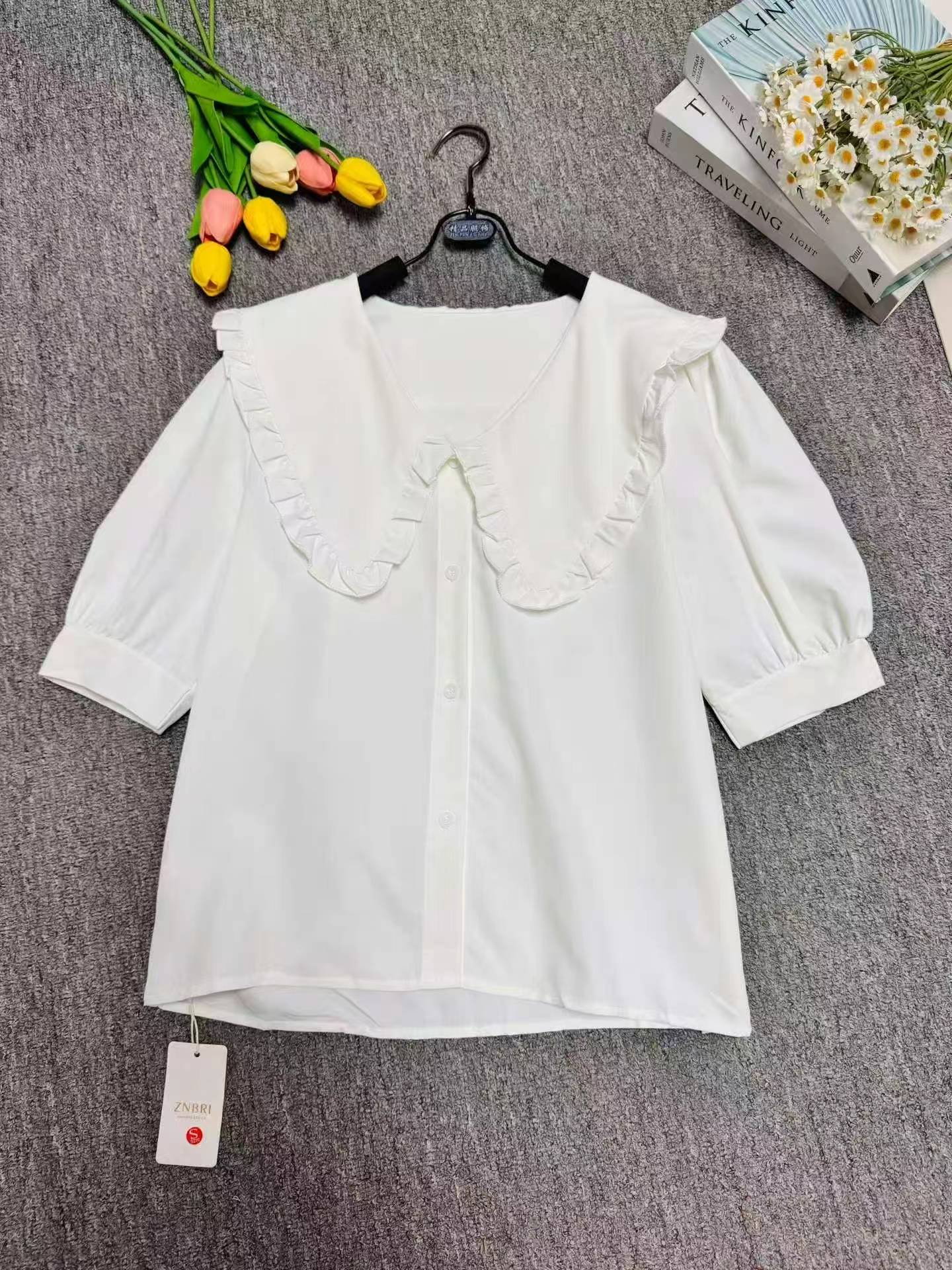 New French Style White Doll Collar Short Sleeve Women Blouse, About 240pcs, Size S-XL - Image 4