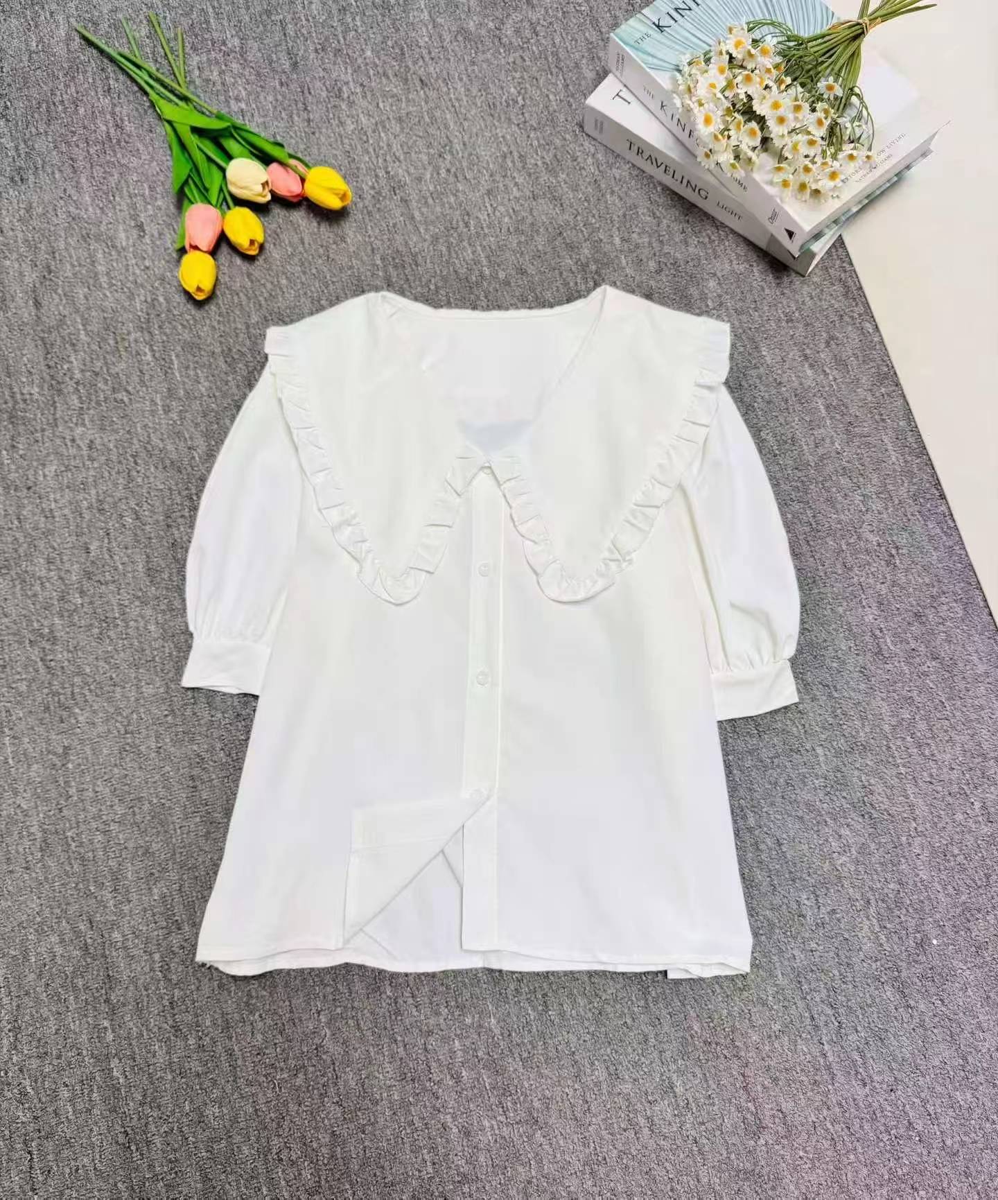 New French Style White Doll Collar Short Sleeve Women Blouse, About 240pcs, Size S-XL - Image 5
