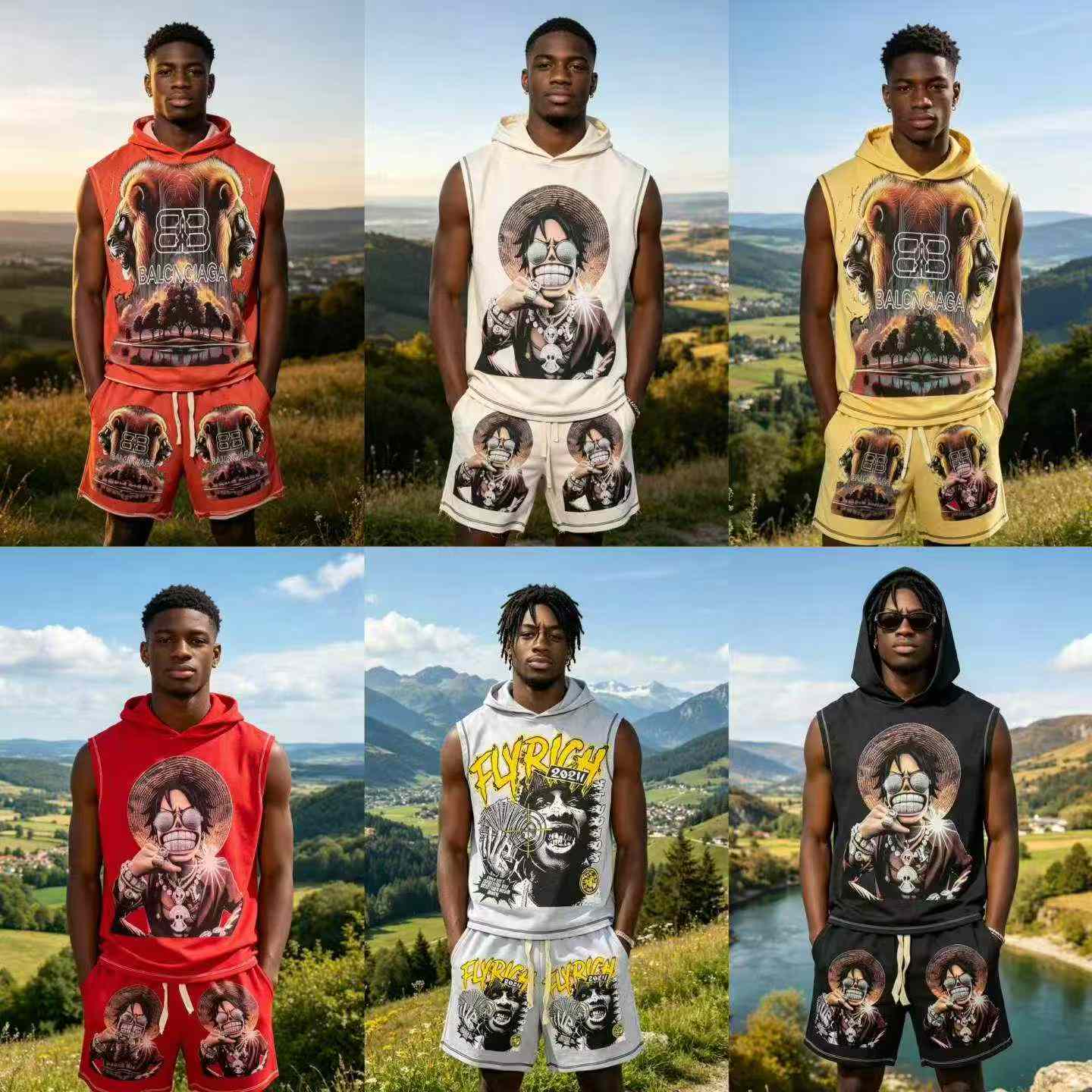 Approx 4500 Sets Men's Plus Size Cotton Printed Sleeveless Hooded Top & Shorts Set - Image 2