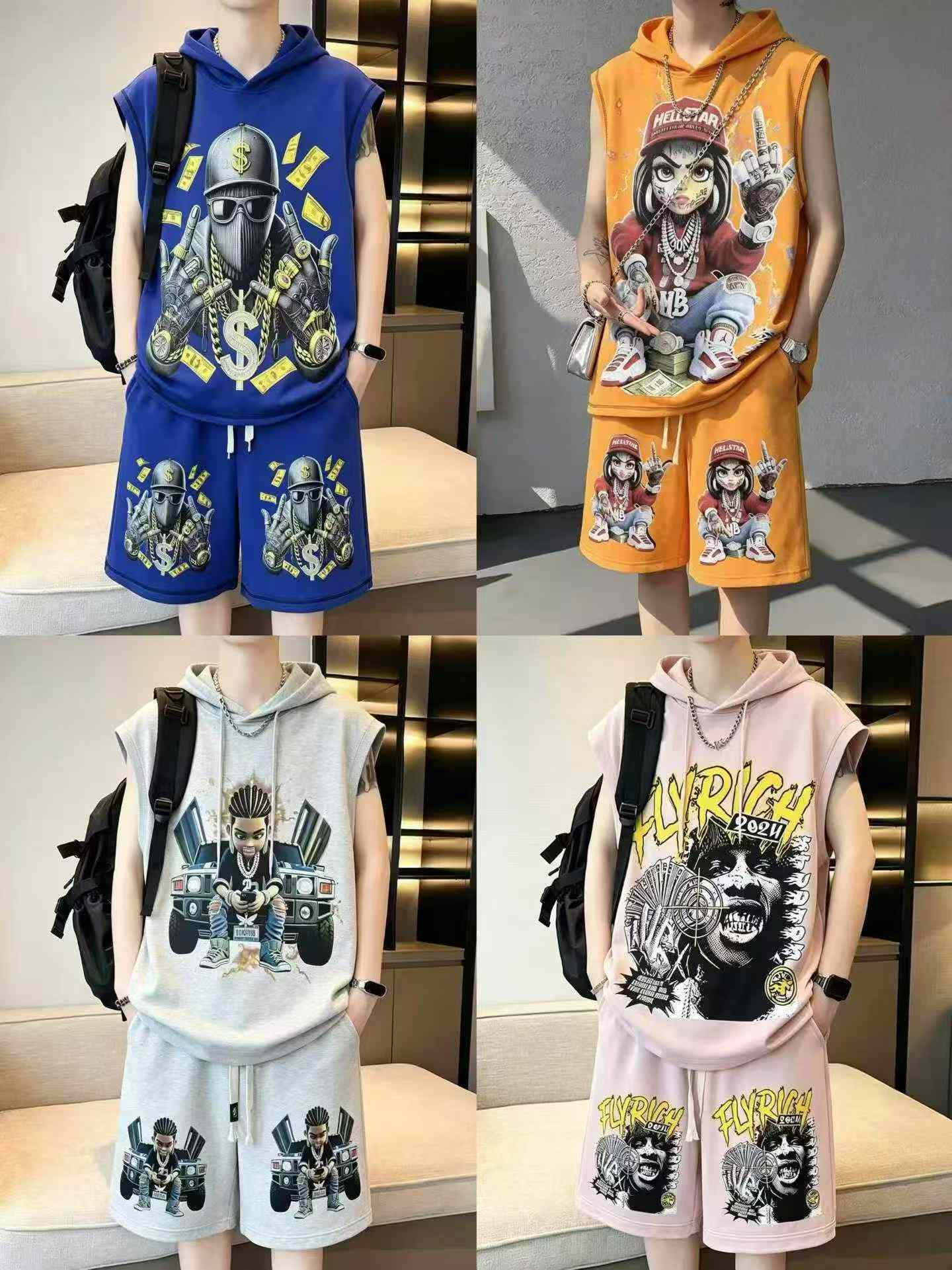Approx 4500 Sets Men's Plus Size Cotton Printed Sleeveless Hooded Top & Shorts Set - Image 3
