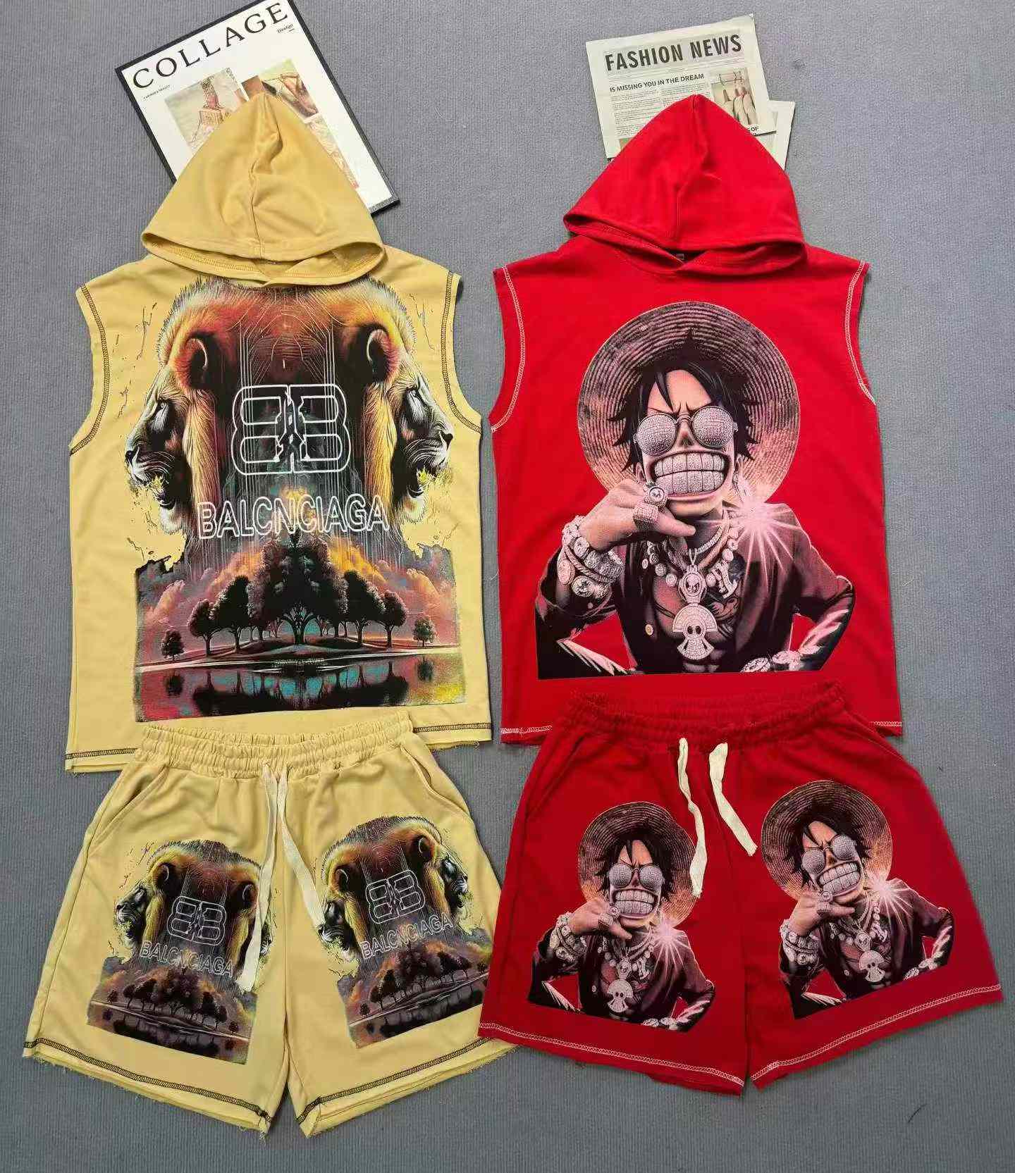 Approx 4500 Sets Men's Plus Size Cotton Printed Sleeveless Hooded Top & Shorts Set - Image 4