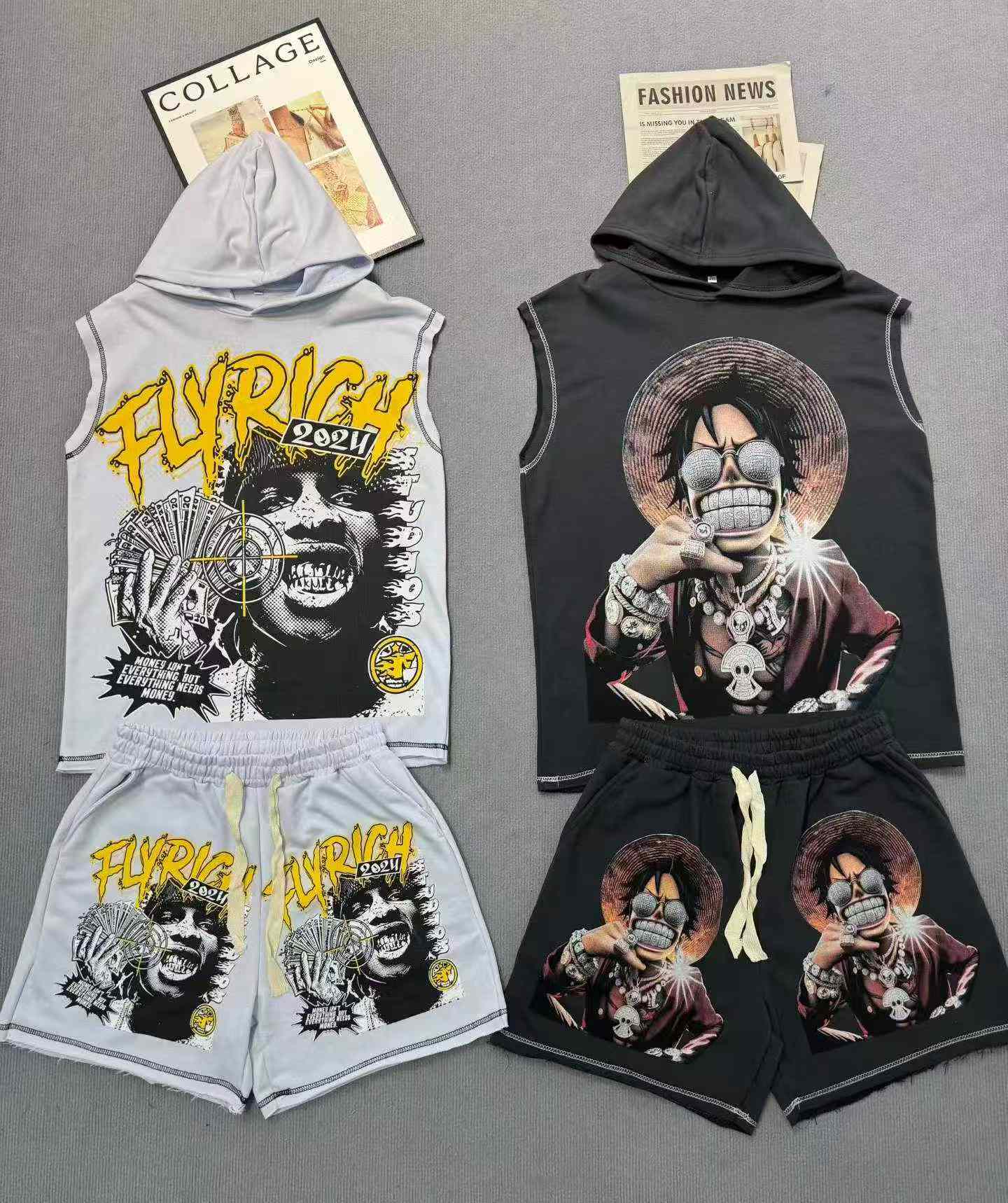 Approx 4500 Sets Men's Plus Size Cotton Printed Sleeveless Hooded Top & Shorts Set - Image 5