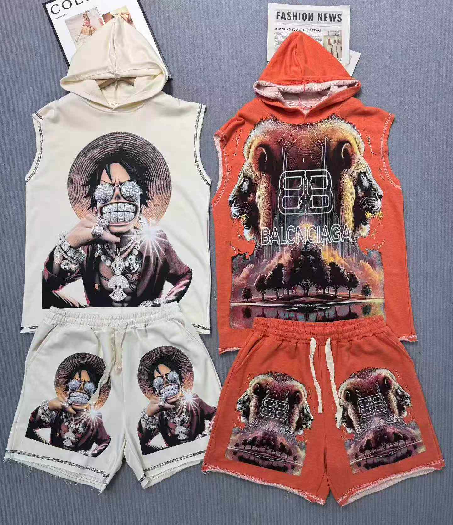 Approx 4500 Sets Men's Plus Size Cotton Printed Sleeveless Hooded Top & Shorts Set - Image 6