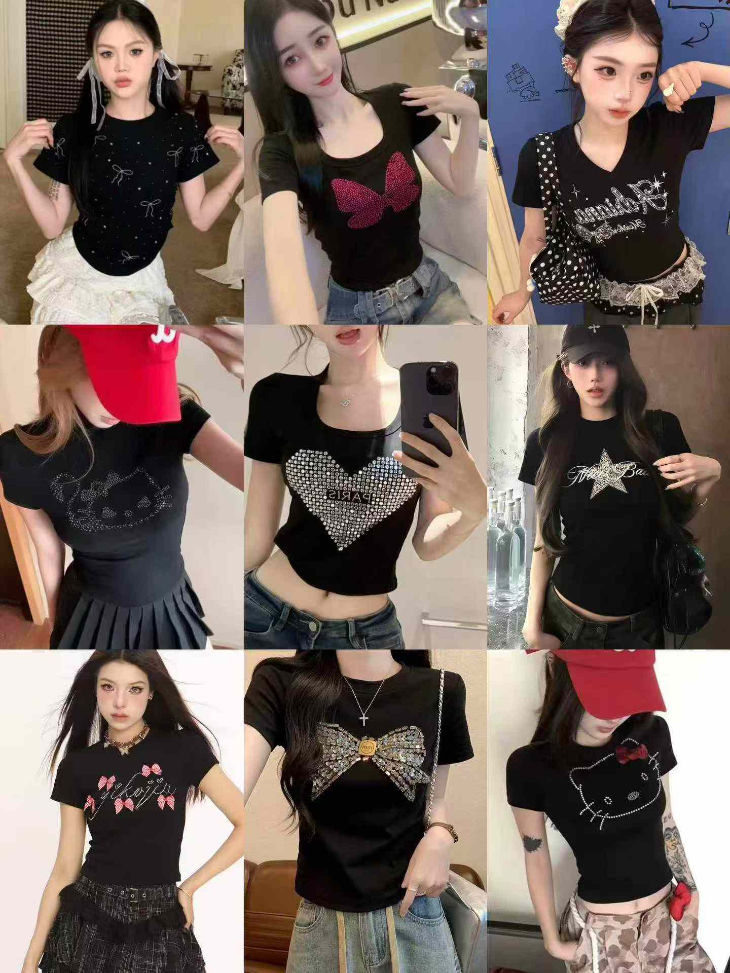 เสื้อยืดผู้หญิงแขนสั้นผ้าฝ้ายประดับลูกปัดคริสตัล สไตล์อเมริกันหวานแซ่บ จำนวน 2,000 ตัว - Image 2