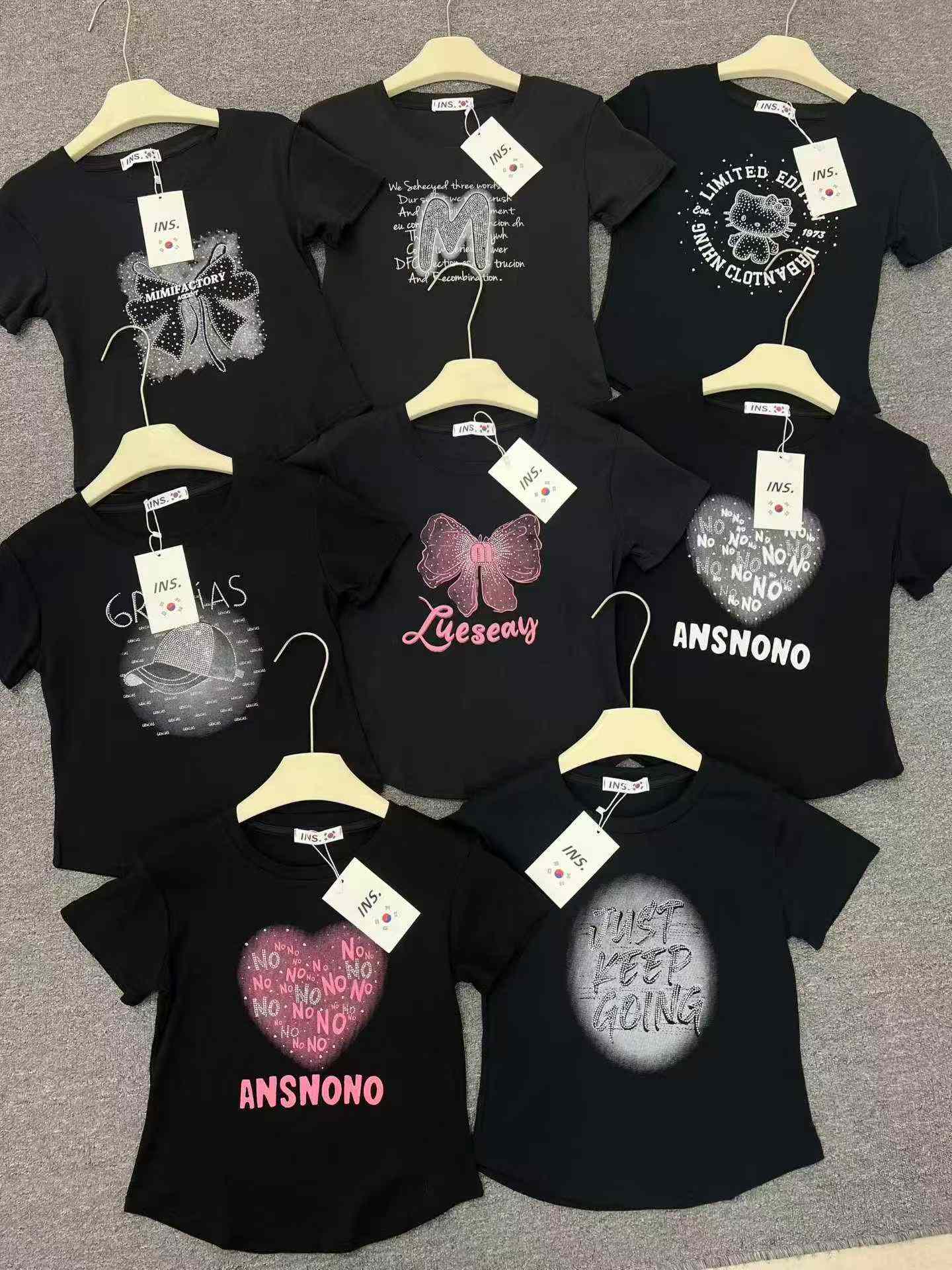 เสื้อยืดผู้หญิงแขนสั้นผ้าฝ้ายประดับลูกปัดคริสตัล สไตล์อเมริกันหวานแซ่บ จำนวน 2,000 ตัว - Image 3