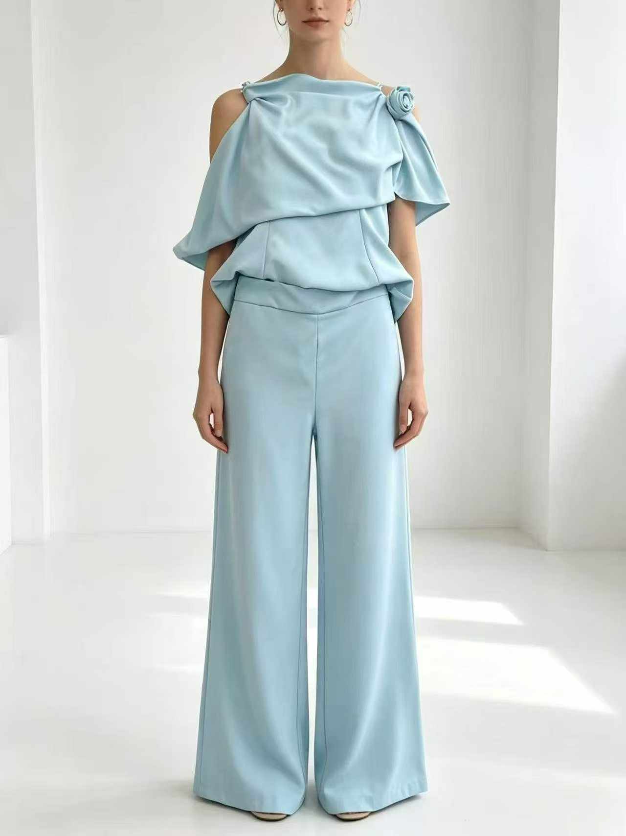 French Trendy Off-shoulder Top Wide Leg Pants Blue Suiting Set 1331 Sets - Image 2