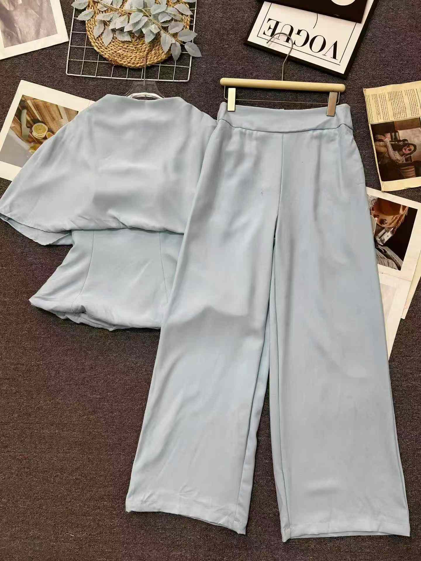 French Trendy Off-shoulder Top Wide Leg Pants Blue Suiting Set 1331 Sets - Image 3