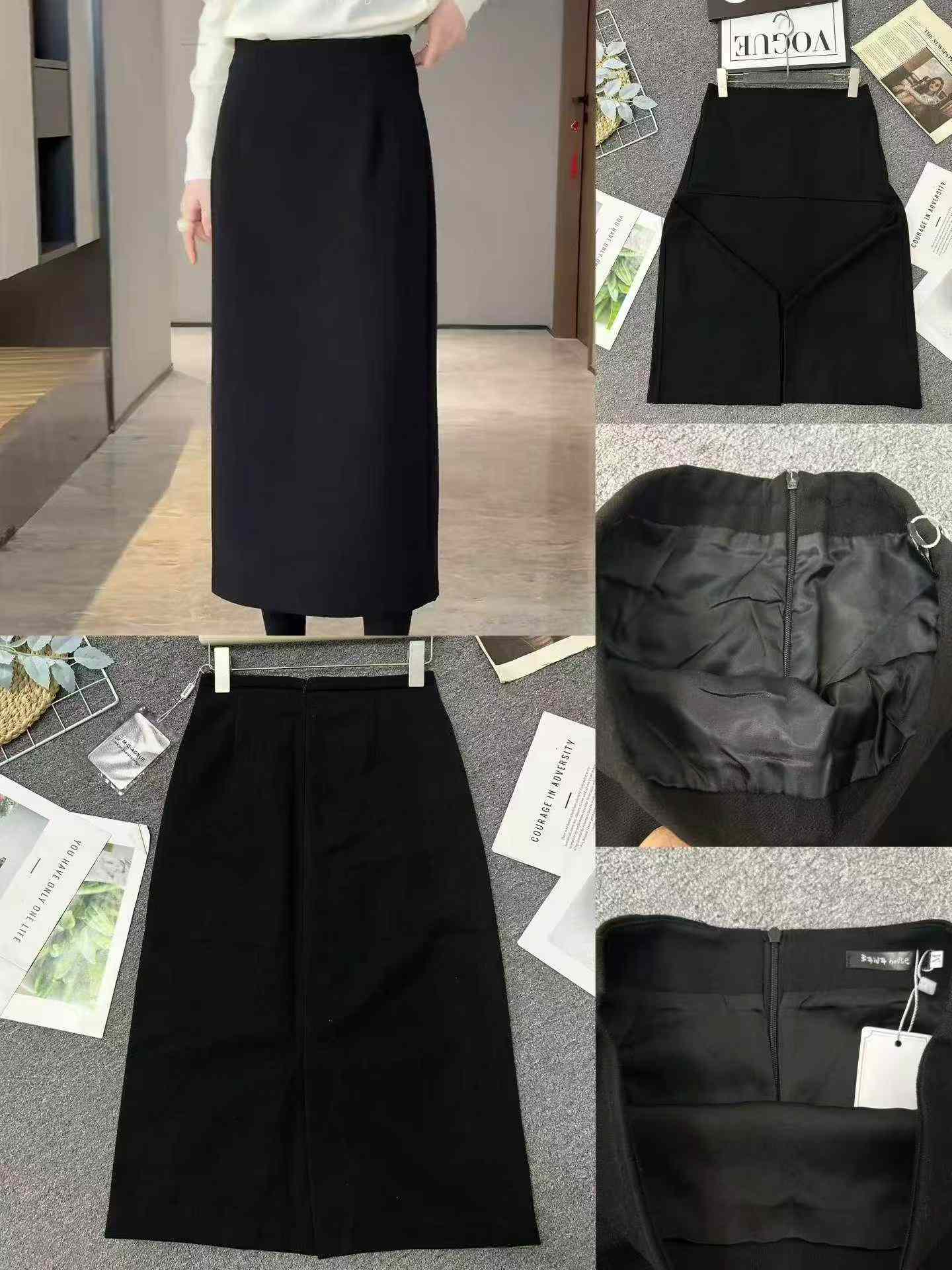 Saia Lápis Midi Evasê Cintura Alta Preta de Lã Outono Inverno 300PCS Liquidação Total - Image 3