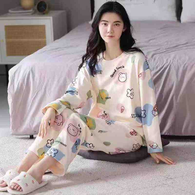Korean Style New Women Crew Neck Printed Long Sleeve Fall Winter Pajama Set 1490 Sets - Image 2