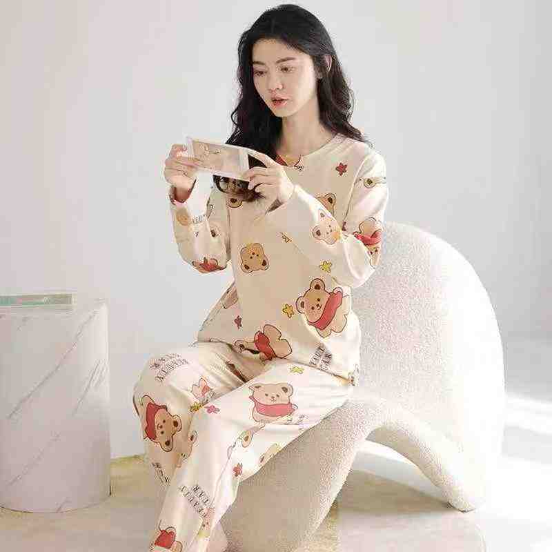 Korean Style New Women Crew Neck Printed Long Sleeve Fall Winter Pajama Set 1490 Sets - Image 3