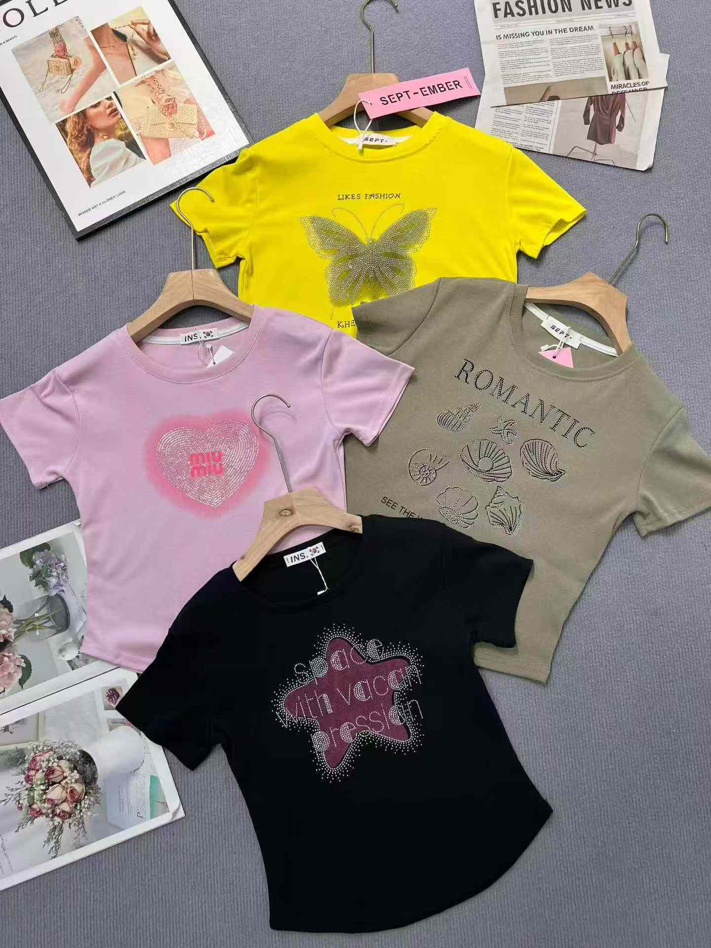 Women's Rhinestone Print Crew Neck Short Sleeve Cropped T-Shirt, Approx. 8000 Pieces - Image 4