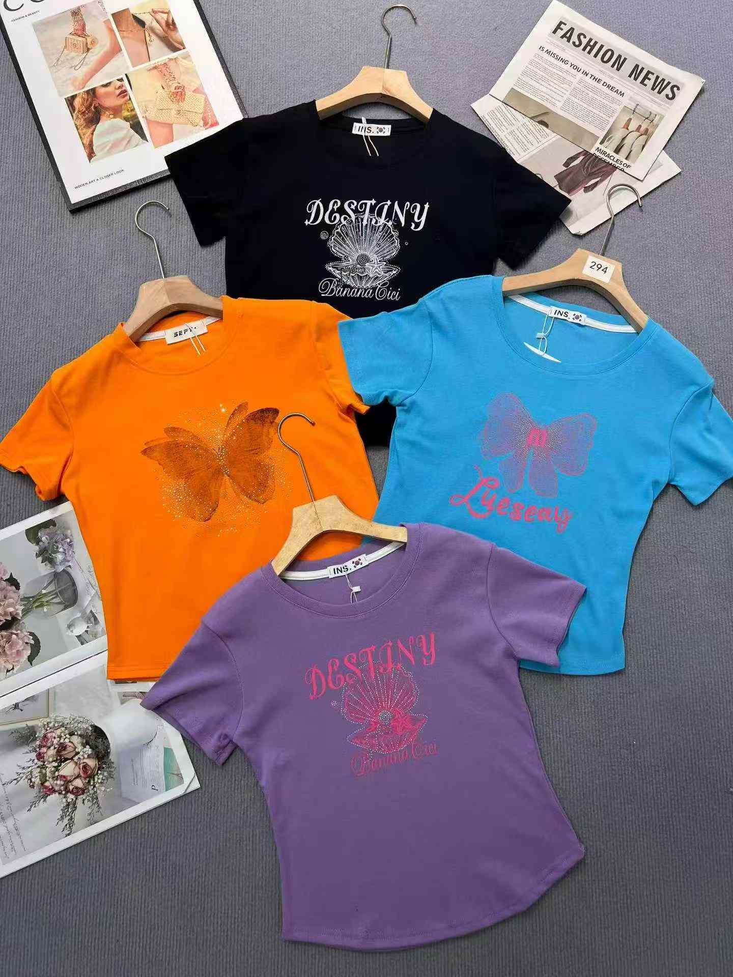 Women's Rhinestone Print Crew Neck Short Sleeve Cropped T-Shirt, Approx. 8000 Pieces - Image 5