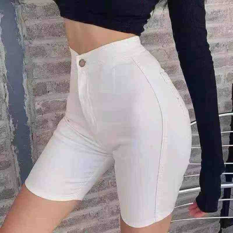 Women's White Stretch High Waist Denim Biker Shorts, Slim Summer 5-Point Shorts, 600 Pieces - Image 2