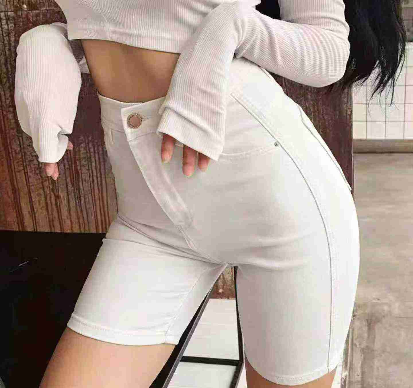 Women's White Stretch High Waist Denim Biker Shorts, Slim Summer 5-Point Shorts, 600 Pieces - Image 4