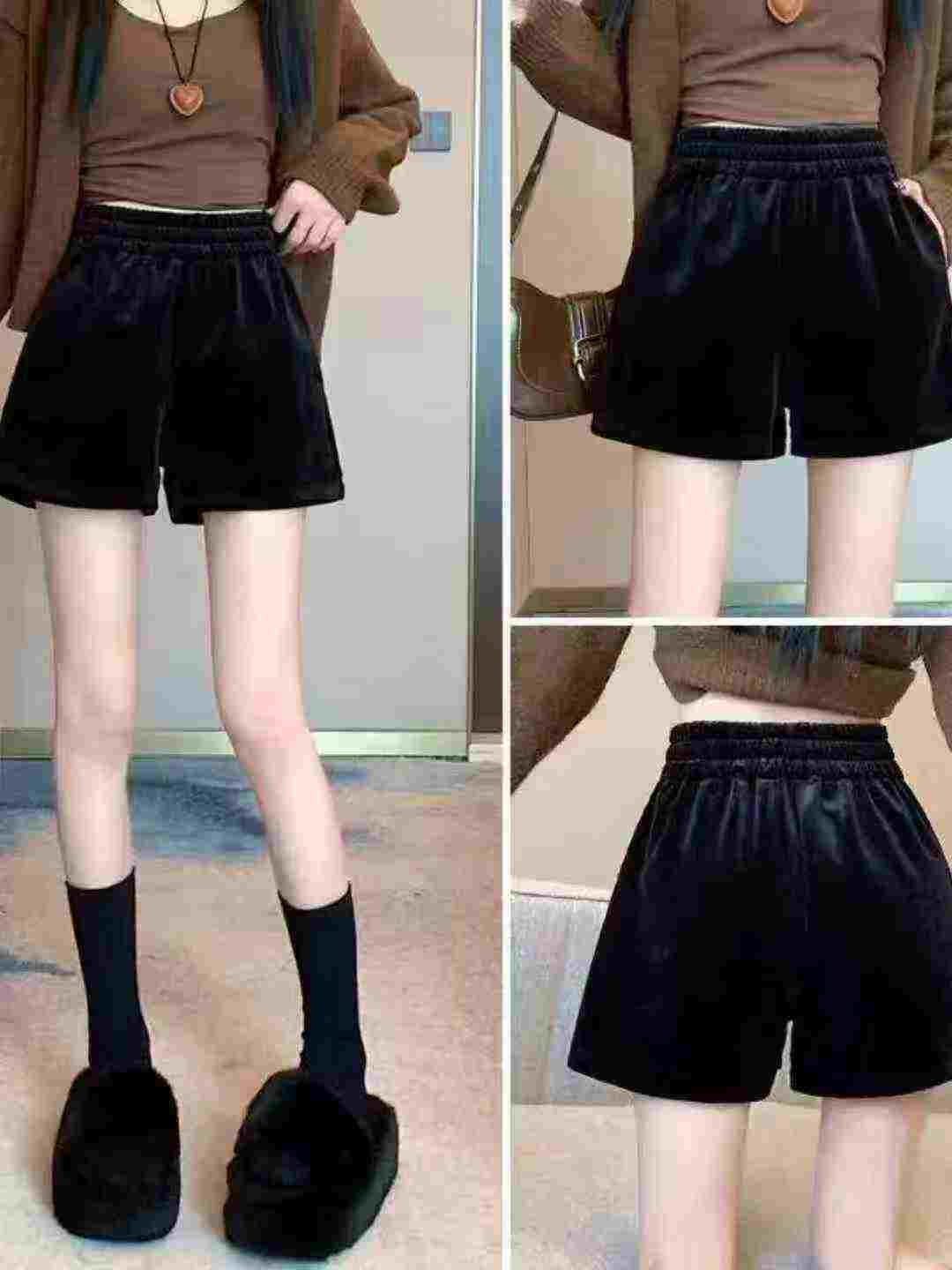 211 Pcs Women's Black Gold Velvet High Waist Wide Leg A-Line Winter Shorts - Image 2
