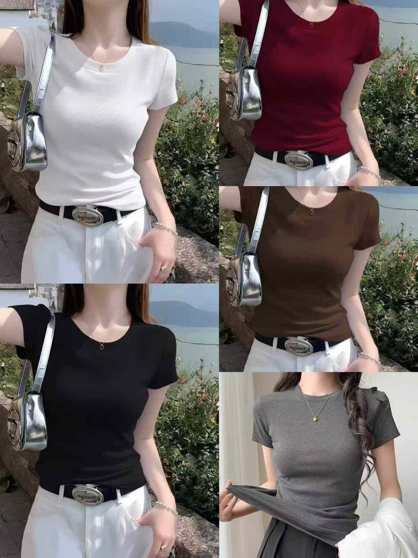 Women's Cotton Crew Neck Slim Fit Short Sleeve T-Shirt, 2535 PCS, 11 Colors, One Size - Image 2