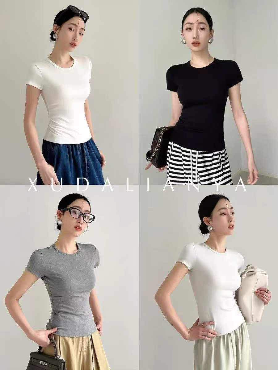 Women's Cotton Crew Neck Slim Fit Short Sleeve T-Shirt, 2535 PCS, 11 Colors, One Size - Image 3
