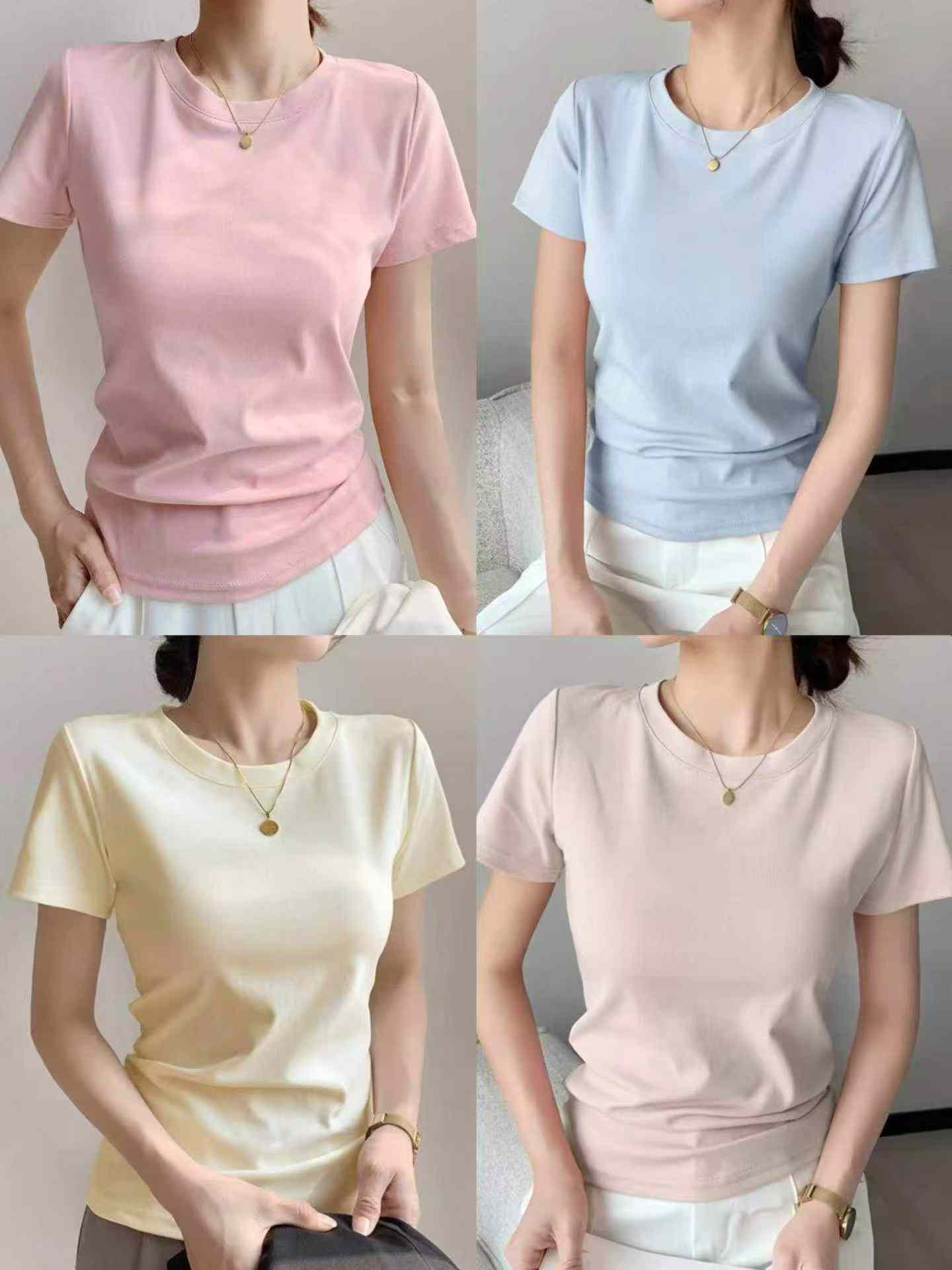 Women's Cotton Crew Neck Slim Fit Short Sleeve T-Shirt, 2535 PCS, 11 Colors, One Size - Image 4