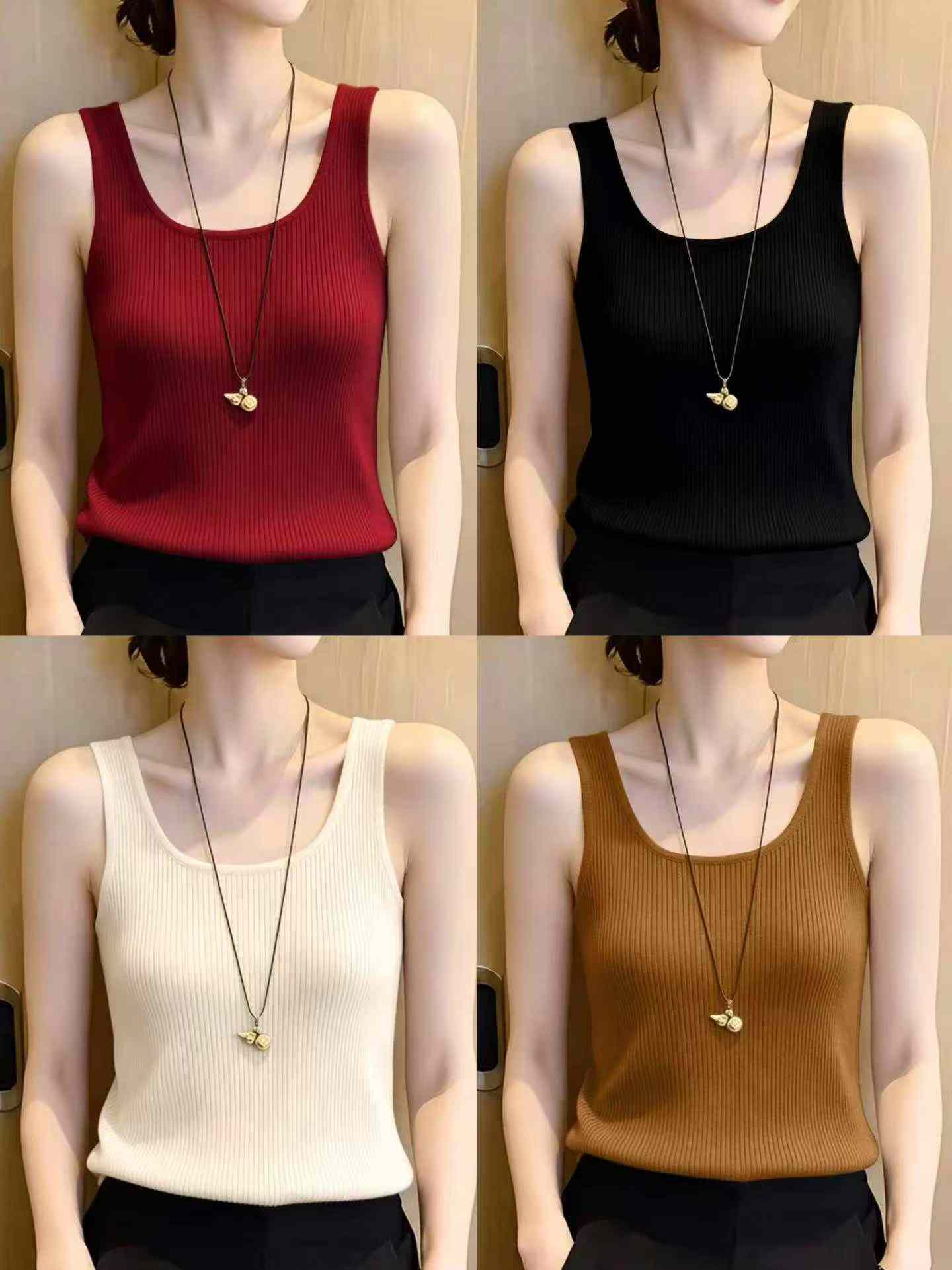 Débardeur en maille de soie glacée pour femmes, camisole d'été à col rond, couche de base, haut sans manches - 3 153 pièces - Image 2