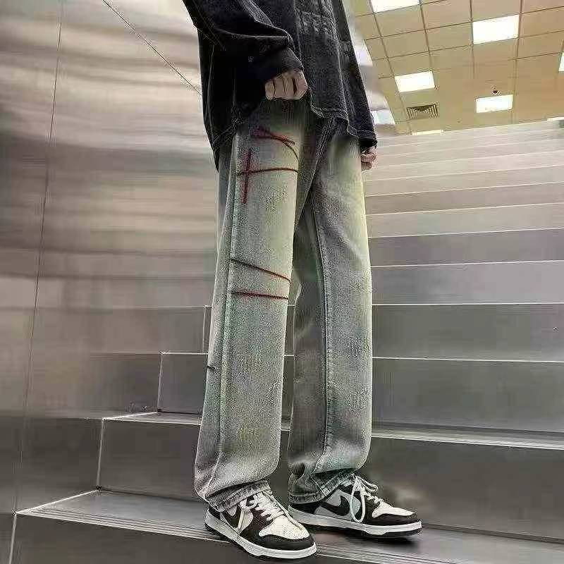 Men's Embroidered Loose Straight Jeans American Vibe Street Style 350 Pieces - Image 1