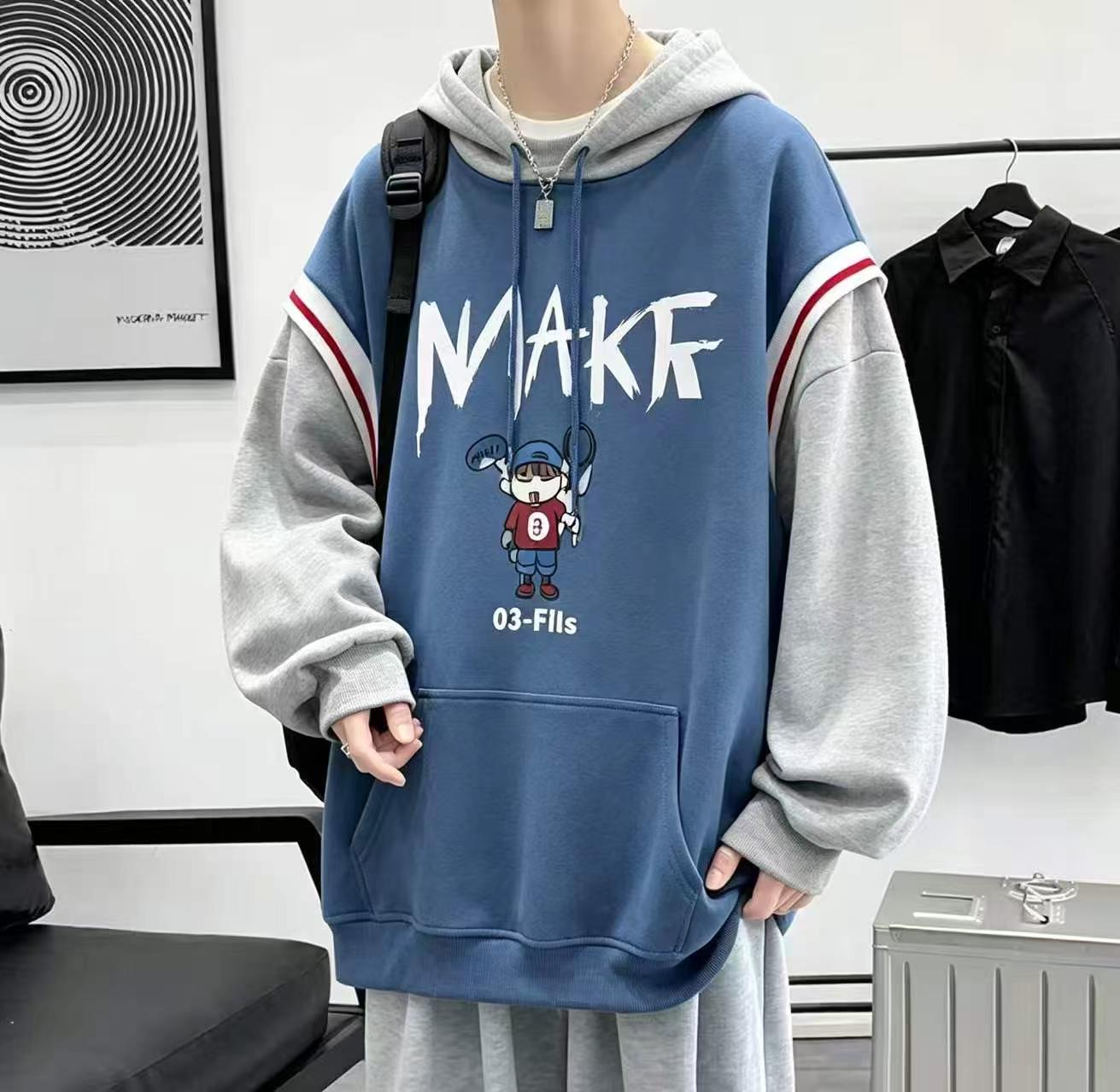 Men's Autumn American Retro Fleece Loose Fake Two-piece Hooded Sweatshirt 431pcs M-3XL - Image 1