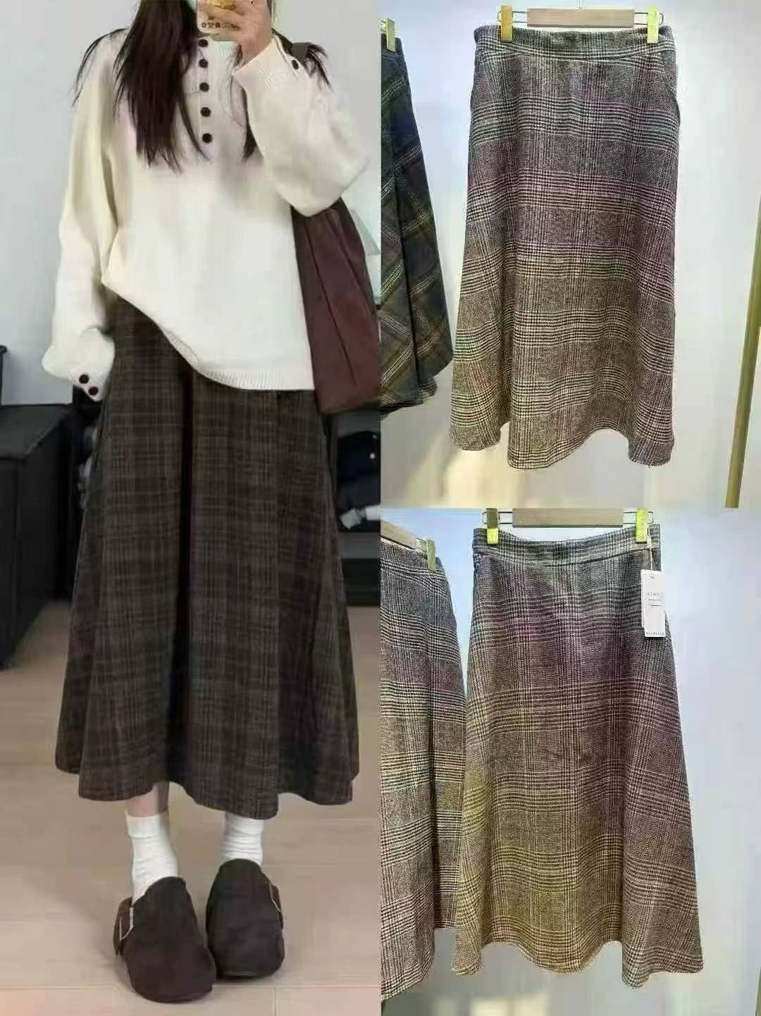 Autumn Winter Woolen Plaid High Waist A-line Long Skirt S-XXL 520pcs - Image 1