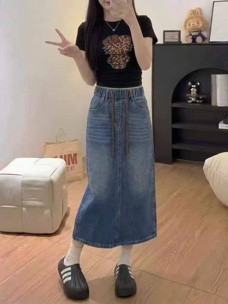 Vintage High Waist Elastic Denim Midi Pencil Skirt 495 Pieces - Image 1