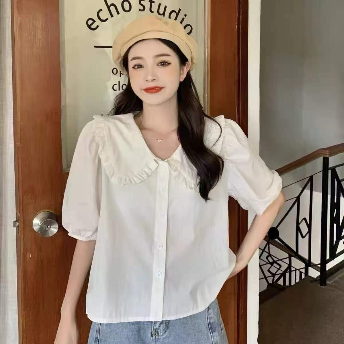 New French Style White Doll Collar Short Sleeve Women Blouse, About 240pcs, Size S-XL - Image 1
