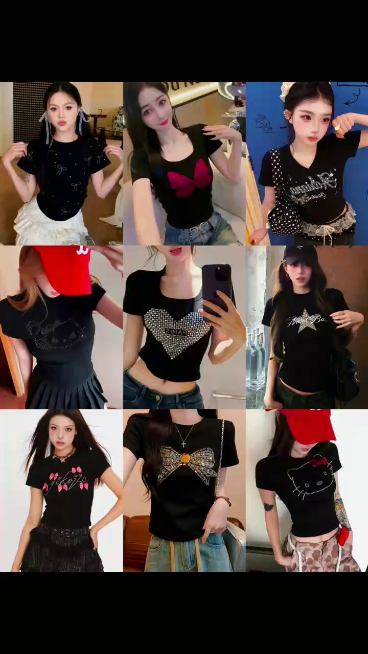 2000 Pieces New American Hot Girl Cotton Cropped Short-sleeve Rhinestone T-shirt For Women - Image 1