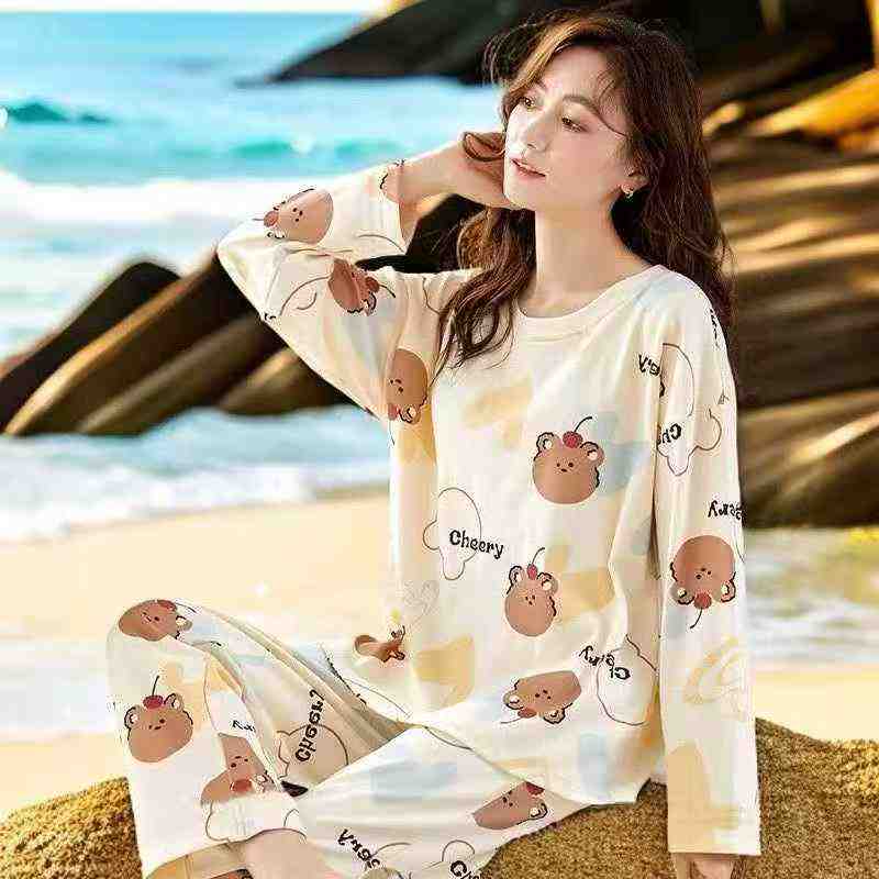 Korean Style New Women Crew Neck Printed Long Sleeve Fall Winter Pajama Set 1490 Sets - Image 1