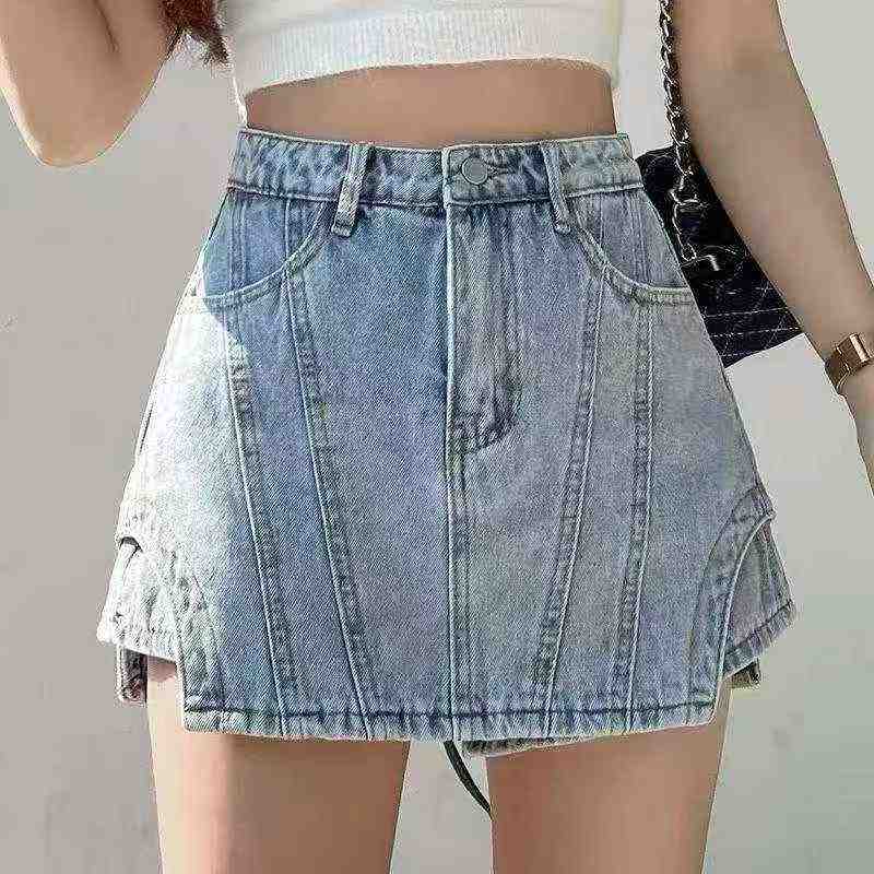 200 PCS Women's High Waist Irregular Denim Skort Lined A-Line Spring Summer - Image 1