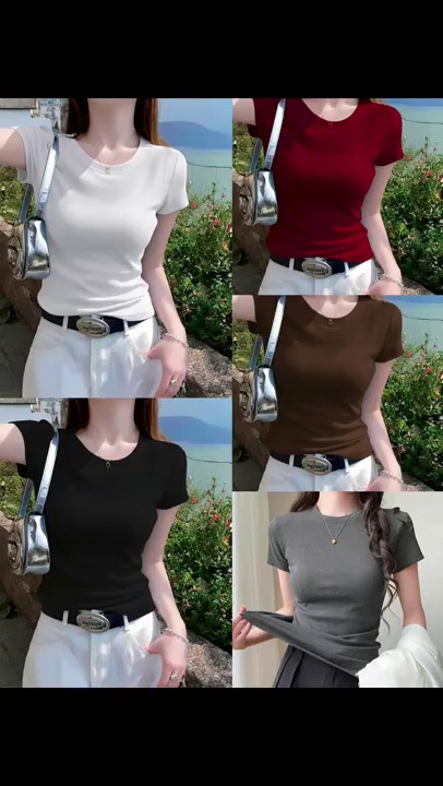 Camiseta de manga corta entallada de algodón con cuello redondo para mujer, 2535 piezas, 11 colores - Image 1