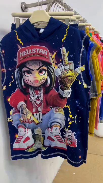 American Style Hooded Top and Shorts Set Cotton Terry Printed Casual 3000 Sets - Image 1