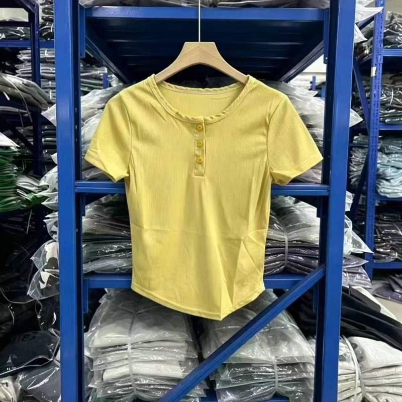 Fashion Niche Half Placket Button Women's Short Sleeve T-shirt 360 Pcs Single Color S-L Individually Packed - Image 1