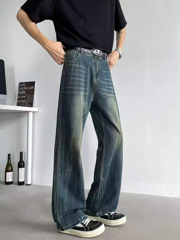 Jeans acampanados de hombre de algodón lavado con estampado de rayos, primavera/otoño, 2417 piezas - Image 1