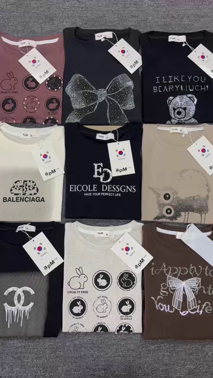 High-Quality Cotton Heavy Beaded Trendy T-Shirts - 5000 Pcs Full Stock Lot, 12.3 CNY/Pc, 220G Premium Lola Cotton Fabric, Assorted Prints & Colors, Unified Tags & Individual Packaging - Image 1