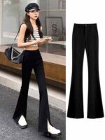 Women's Black High-Waist Slim-Fit Split Hem Wide-Leg Flared Pants | Spring Autumn Stock Lot 2311# | 270pcs | Sizes XS-XXL | 12.3 CNY/PC | Independent Packaging - Image 3