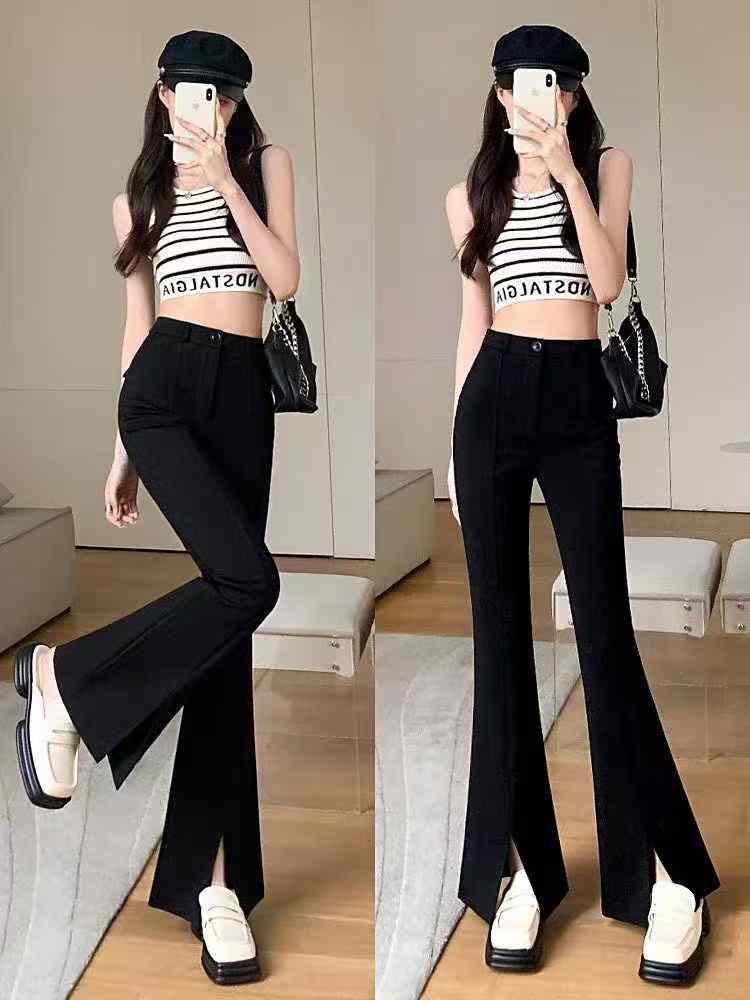 Women's Black High-Waist Slim-Fit Split Hem Wide-Leg Flared Pants | Spring Autumn Stock Lot 2311# | 270pcs | Sizes XS-XXL | 12.3 CNY/PC | Independent Packaging - Image 2