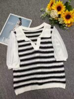 Bulk Stock Lot: 150pcs Summer Ice Silk Striped Polo Collar Fake Two-Piece Knit T-Shirts with Chiffon Sleeves | One Size, Soft Stretchy Fabric, Independent Packaging - Image 9