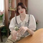 Bulk Stock Lot: 150pcs Summer Ice Silk Striped Polo Collar Fake Two-Piece Knit T-Shirts with Chiffon Sleeves | One Size, Soft Stretchy Fabric, Independent Packaging - Image 6