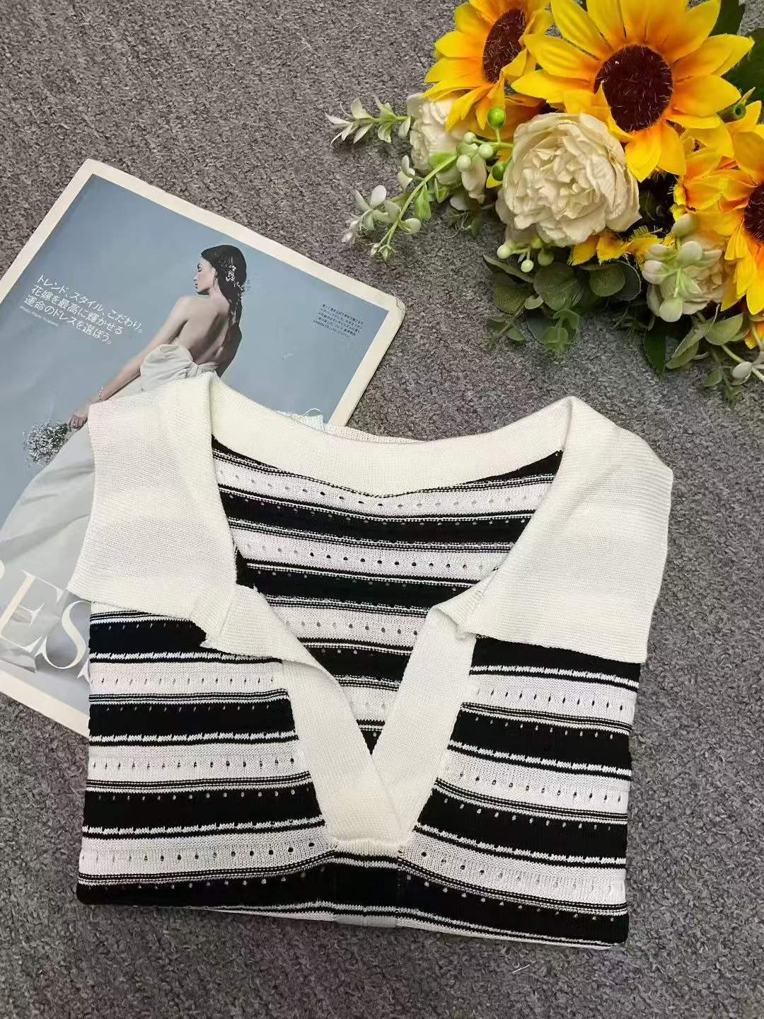 Bulk Stock Lot: 150pcs Summer Ice Silk Striped Polo Collar Fake Two-Piece Knit T-Shirts with Chiffon Sleeves | One Size, Soft Stretchy Fabric, Independent Packaging - Image 2