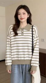 Bulk Wholesale Stock Lot: 110 Pcs Korean Style Spring Striped Lapel Loose Long-Sleeve Knit Tops - 8.4 CNY/Piece - Image 6