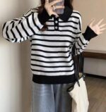 Bulk Wholesale Stock Lot: 110 Pcs Korean Style Spring Striped Lapel Loose Long-Sleeve Knit Tops - 8.4 CNY/Piece - Image 5
