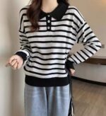 Bulk Wholesale Stock Lot: 110 Pcs Korean Style Spring Striped Lapel Loose Long-Sleeve Knit Tops - 8.4 CNY/Piece - Image 4