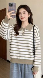 Bulk Wholesale Stock Lot: 110 Pcs Korean Style Spring Striped Lapel Loose Long-Sleeve Knit Tops - 8.4 CNY/Piece - Image 3
