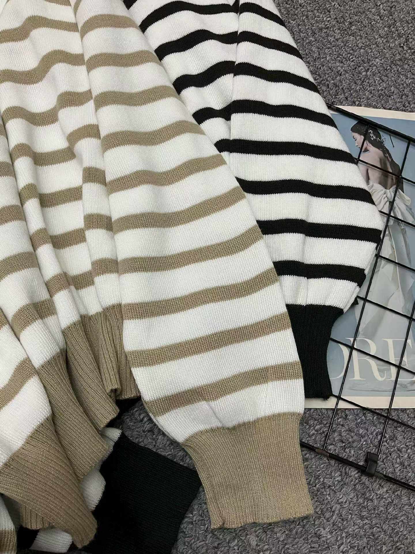 Bulk Wholesale Stock Lot: 110 Pcs Korean Style Spring Striped Lapel Loose Long-Sleeve Knit Tops - 8.4 CNY/Piece - Image 2
