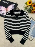 Full Stock Lot: 140 Pcs Korean Style Color-Block Striped Polo Collar Long Sleeve Knit Tops - Soft & Stretchy, One Size, Individually Packed, 7.4 CNY/Piece - Image 8